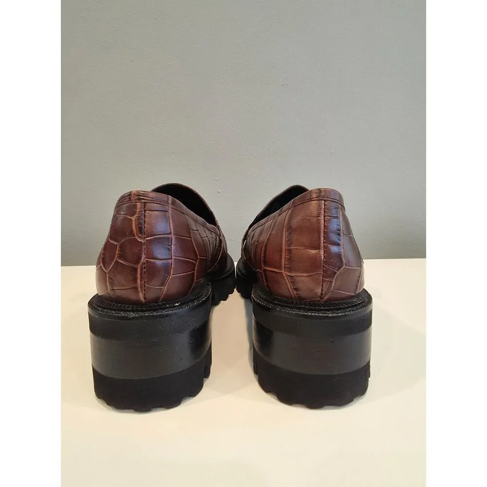 Aerosoles Lilia Brown Croc Embossed Leather Lug Sole Chain Loafers Womens 8